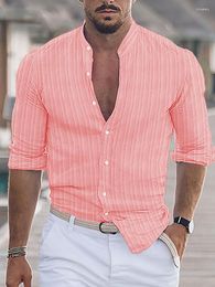 Men's Casual Shirts Cotton Linen Striped Print Loose Long Sleeve Shirt