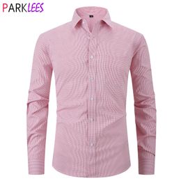 Mens Casual Shirts Pink Plaid Dress for Men Stretch Long Sleeve Button Down Checked Shirt WrinkleFree Easy Care Formal Chemise 3XL 230815