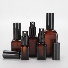 15 25 35 50 100ML Empty Refillable Square Shaped Amber Glass Lotion Pump Bottles Portable Cosmetic Makeup Cream Lotion Container Dispen Iuan