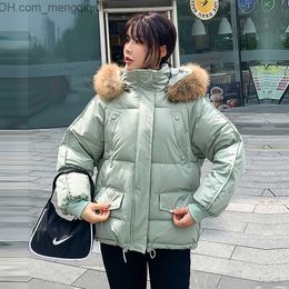 Women's Down Parkas Detachable genuine fur collar short hood Parka Fashion winter jacket Women's solid color chic jacket Z230817