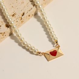 Pendant Necklaces Enamel Red Heart Envelope Pearl Beads Necklace For Women Y2k Jewely Cute Kawaii Funny Creative Jewelry 2000s Aesthetic