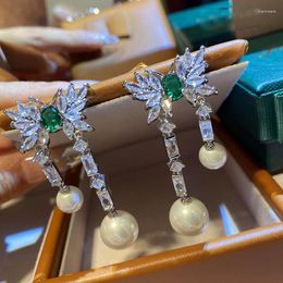 Dangle Earrings Green Bow Pearl Women's Exaggerated Baroque Vintage Tassel Long Butterfly Banquet Shiny Fine Jewellery