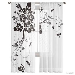 Curtain Flowers Dragonfly Leaves Sheer Window Curtains for Bedroom The Living Room Modern Tulle Curtains Drapes for Hotel Kitchen