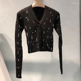 Women's Knits Diamond-encrusted Long Sleeve Knitted Cardigan V-neck With Black Thin Spring Short Sweater Woman