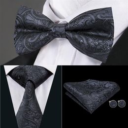 Hi-Tie Classic Mens Tie Black Floral Silk Woven Bowtie With Handkerchief Cufflinks For Mens Wedding Dress Fashion Suit LH-0718 D-1246E