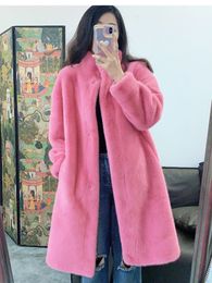 Luxury Mink Coat Ladies Winter Coats and Jackets Fluffy Long Faux Mink Fur Coat Women Stand Collar Pink White Jacket