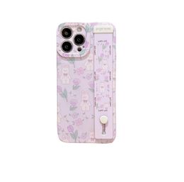 Purple Flower Rabbit Wrist Strap Phone Case Suitable for 13pro 11 Simple XR Straight Edge 14