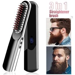 Curling Irons Wireless Men Quick Beard Straightener Hair Style Comb LCD Multifunctional Cordless USB Charging Straightening Brush 230815