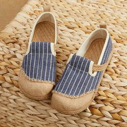 Dress Shoes Flats Women Shoes Striped Casual 2021 New Embroider Round Toe National Style Handmade Concise Linen Ladies ShoesL0816