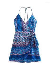 Casual Dresses YLJHQX 2023 Summer Women Silk Satin Texture Print Knotted Sling Dress Sexy Halter Tie Backless Short