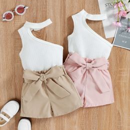 Clothing Sets Little Infant Kid Baby Girl Three Pieces Clothes Outfit Oblique Shoulder Sleeveless Vest Shorts Waist Belt