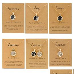 Pendant Necklaces Fashion 12 Constellation For Women Men Gold Chain Zodiac Sign Round Necklace Black And White Couple Jewellery Birthd Dho1S