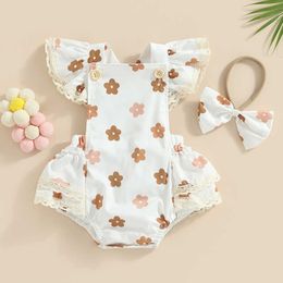 Clothing Sets Baby Girls Bodysuit Set Flower Print Fly Sleeve Patchwork Romper with Bow Knot Headband Baby Summer Clothing