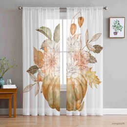 Curtain Thanksgiving Pumpkin Flower Leaves Sheer Curtains for Living Room Printed Tulle Window Curtain Luxury Home Balcony Decor Drapes R230816