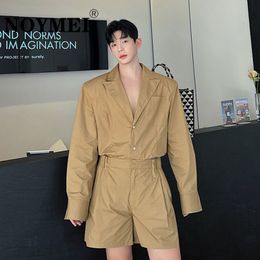 Mens Tracksuits NOYMEI Khaki Silhouette Detachable Shoulder Pad Blazer Elastic Waist Shorts Korean Style Autumn Two Pieces Set WA2169 230815