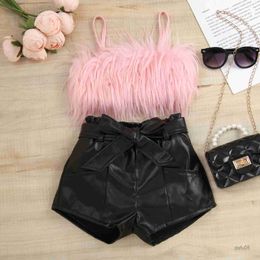 Clothing Sets Baby 1-6Y Kid Girls Clothes Set Plush Vest Tops Bow Leather Shorts Children Outfist Summer Clothing R230816