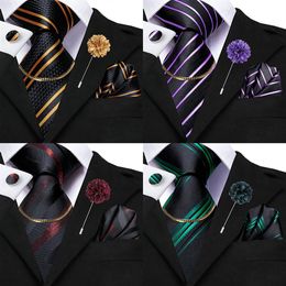 Fashion Mens Golden Black Striped Tie Silk Necktie cufflinks Handkerchief Cufflinks Tie Chain Brooch for wedding Business289k