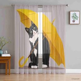 Curtain Yellow Umbrella Cat Bedroom Curtain Window Treatment Drapes Tulle Curtains for Living Room Sheer Curtains R230816