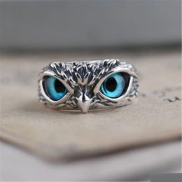 With Side Stones Retro Blue Eye Owl Adjustable Sier Rings Cute Men And Women Simple Design Animal Ring Jewellery Wholesale Drop Delivery Dh3Zj