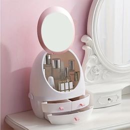 1pc Cute Makeup Organiser With Mirror, Lighted Makeup Mirror Stands With Storage Box For Vanity Desk, Drawer Cosmetic Storage Box With Mirror, Dustproof Vanity Skin