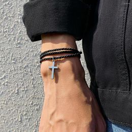 Link Bracelets Woven Twist Rope Cross Pendant Charm Bracelet For Men Personality Black Hip Hop Style Bangle Gift Brace Lace