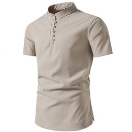 Mens Casual Shirts Cotton Linen Buckle Half Placket Summer Short Sleeve Solid Chinese Style Mandarin Collar Shirt 230815