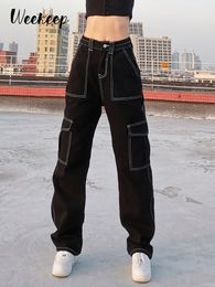 Women s Jeans Weekeep Pockets Patchwork Baggy Fashion Streetwear 100 Cotton Women Denim Trouser Loose Cargo Pants Korean Harajuku 230815