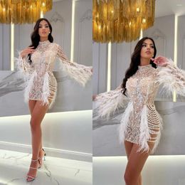 Party Dresses Feathers Unique Pearls Mini Cocktail Lace Sequined Prom Dress Custom Made Illusion Long Sleeves Club Wear