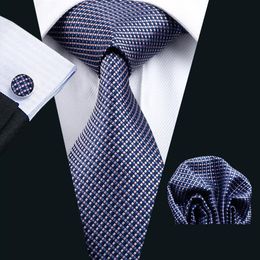 Blue Silk Tie for Men Pocket Square Cufflinks Set Cheque Pattern Mens Jacquard Woven Business Formal Necktie 8 5cm Width Casual Set2437