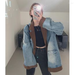 Women's Jackets Deeptown Harajuku Corduroy Baseball Jacket Women Vintage Blue Denim Patchwork Varsity Coats Loose Casual College Outerwear