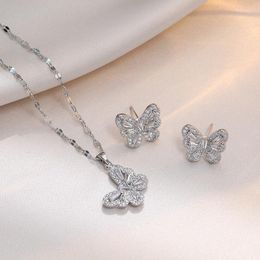 Necklace Earrings Set Cute Butterfly Pendant And Stud For Women Stainless Steel White Zircon Choker Bridal Engagement