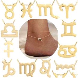 Anklets Zodiac Bracelets For Women Simple 12 Constellations Foot Jewelry Wholesale With Gift Card Drop Delivery Dh62B