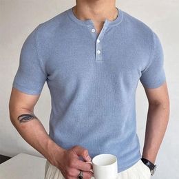 Men's T Shirts High Quality Knit Clothes Men Fashion T-shirts Slim O Neck Button Short Sleeve Knitted Top Summer Vintage Mens Knitting Shirt