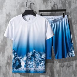 Mens Tracksuits 2023 Summer Designer Ice Silk Short Sleeve Set Harajuku Printing Snow Moutain Sports Fashion Two Piece Gradient Suit