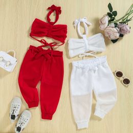 Clothing Sets Kids Infant Baby Girls Casual Suit Solid Colour Sleeveless Backless Halter Tops+See-Through Long Pants