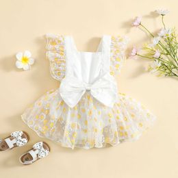 Girl's Dresses Newborn Baby Girl Romper Mesh Dress Sleeveless Floral Bow Decor Playsuits Jumpsuit Infant Princess Summer Clothing Outfits