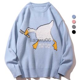 Men's Sweaters Cartoon Print Sweater Men Harajuku Knitted Pullover Casual Oneck Duck Top Hip Hop Streetwear Loose Jumper Couple Knitwear J230806