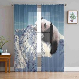 Curtain Snow Mountain Panda Tulle Curtains for Living Room Bedroom Decoration Chiffon Sheer Kitchen Window Curtain Drapes R230816