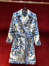 Women's Trench Coats Svoryxiu Designer Autumn Winter Vintage Blue And White Porcelain Long Sleeve Button Lace Up Loose 230815