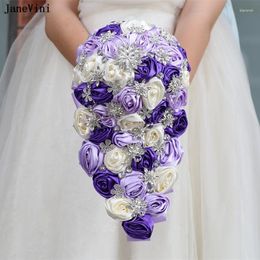 Flores de casamento Janevini Luxury Rhinestone Waterfall Bouquets de noiva leve Acessórios de buquê em cascata de marfim roxo para noiva