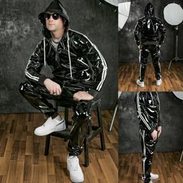 Men's Tracksuits 2023 Hooded Fashion PU Bright Leather Sports Suit Ropa Para Hombres Conjunto De Moletom Masculino