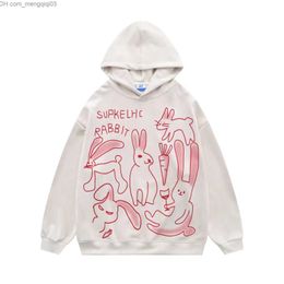 Men's Hoodies Sweatshirts Japanese Vintage Rabbit Printed Hoodie Long Sleeve Zip Up Sweatshirt Women's Fashion Loose Casual Couple Coat Z230817