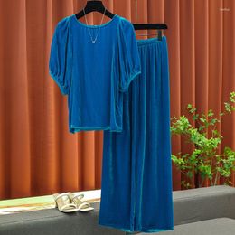 Women's Two Piece Pants Vintage Silk Velvet Wide Leg Fashion Set Solid Colour Elegant Office Ladies Casual Slim Women Clothing