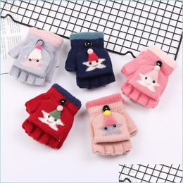 Fingerless Gloves Half Finger Glove Children Flip Knitting Fashion Cartoon Stars Button Woman Man Winter Autumn 4 8Dz K2 Drop Delivery Dhx5Q