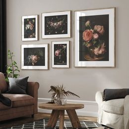 Vintage Dark Floral Canvas Painting Victorian Still Life Rose Flower Posters and Prints Wall Picture Living Room Girls Bedroom Home Decor Wo6