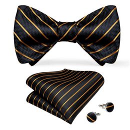 Hi-Tie Bow Tie Set Luxury Black Gold Striped Silk Self Bow Tie for Men Drop LH-00932964