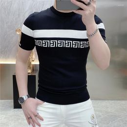 Men's T Shirts British Style Knitted Short Sleeve T-shirt 2023 Summer Striped Jacquard Slim Fit Thin Round Neck Ice Silk Casual