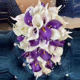 Wedding Flowers Romantic Blings Cascading Purple White Bouquet Elegant Pearls Calla Lily Crystal Flower Teardrop Bridal Bouquets