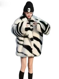 Fluffy Thick Warm Winter Jacket Women Zebra-print Big Collar Long Faux Fur Coat Women Oversize Causal Jackets Streetwear