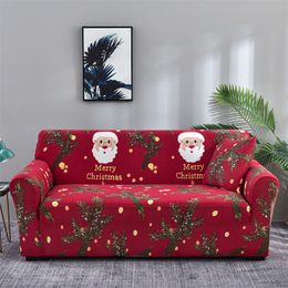 Merry Christmas Printed Sofa Cover Santa Claus Cedar Branches Elastic Couch Cover Christmas Theme Red Sofa Slipcover for Living Room for 2 3 4 Seat